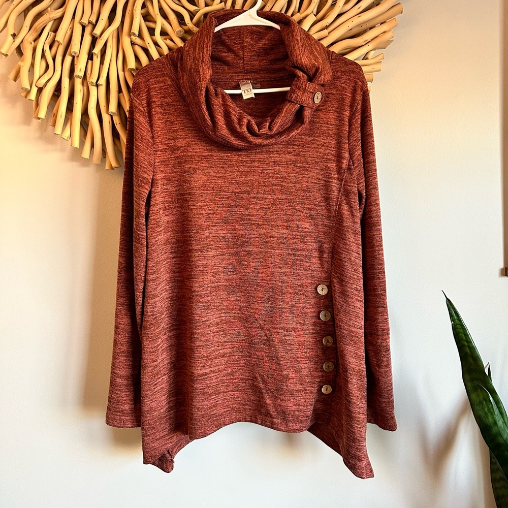 Cozy Button-Detail Cowl Neck Sweater - Rust